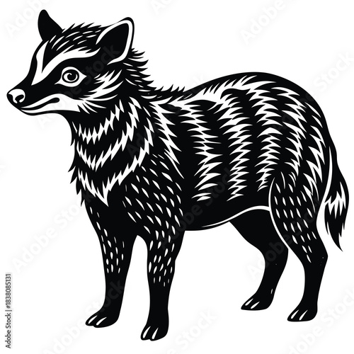 Stylized black and white woodcut illustration of a small furry animal standing in profile view