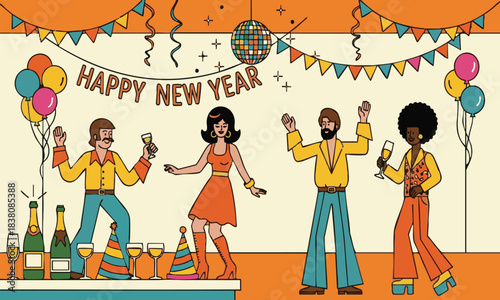 Joyful Vintage New Year Celebration Scene with Groovy Dancers and Champagne Toast