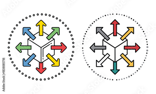 Colorful and monochromatic multi-directional arrows on cubes within circles