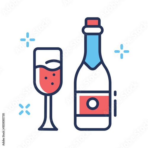 Festive wine bottle with glass for holiday toast, modern flat outline icon
