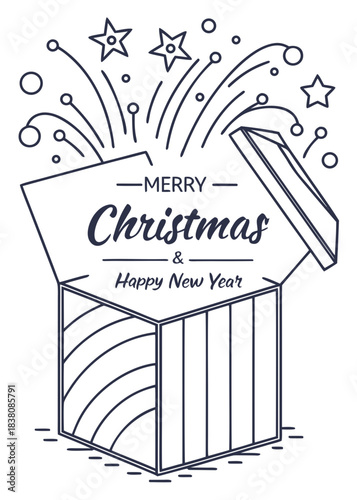 Christmas Gift Unveiled: A whimsical line drawing unveils the joy of gift-giving, with an open present box exploding with celebratory stars and fireworks.