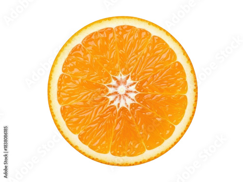 Isolated half of ripe, juicy, flavorful orange fruit with pulp radiating from the center