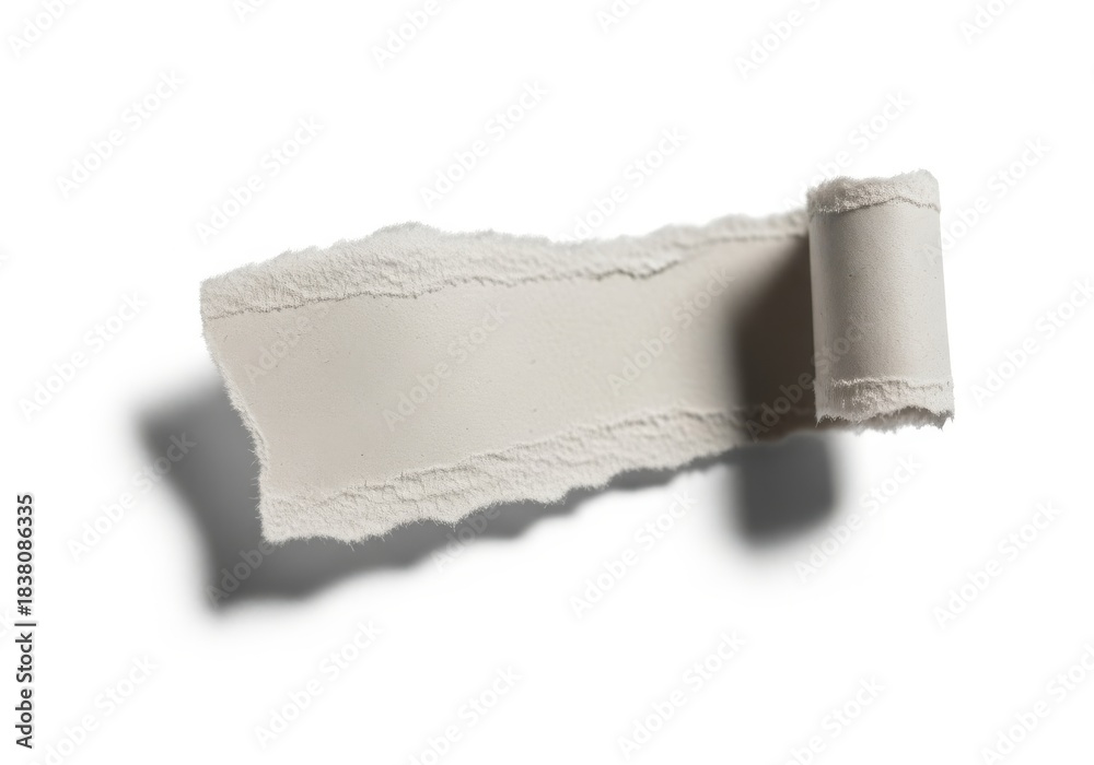 Obraz premium Horizontal strip of beige material features ragged edges and one end curled into a tight cylinder