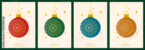 Merry Christmas and New Year holiday poster card, Christmas ball hanging with stars around, holiday greeting invitation card, abstract trendy cover design set