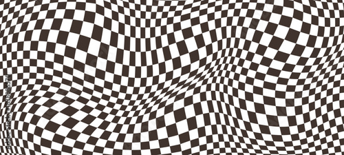 Distorted checkerboard background, wavy psychedelic chessboard pattern, checkered deformed race flag bg, distorted geometric grid pattern