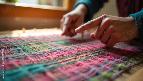 Person points at handmade textile. Hands work with traditional woven fabric. Closeup shot shows weaving craft. Colorful threads create texture, design. Textile production concept at local asian shop.