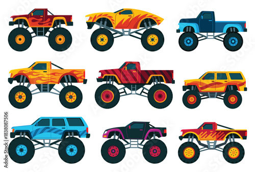 Monster trucks set. Bright colorful cartoon auto with big wheels. Heavy cars with large tires and black tinted windows. Isolated rally 4x4 computer or mobile game
