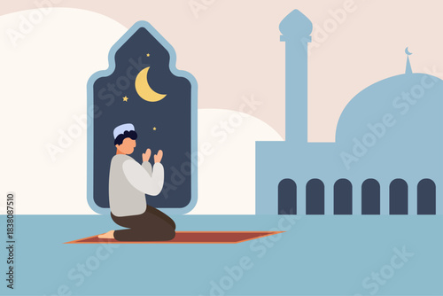Prayer Muslim Man Illustration Kneeling on a Mat in Front of a Mosque During Ramadan or Eid, Representing Islamic Worship and Religion