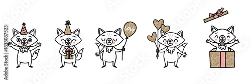 Cute fox character set with party hats, balloons, and a gift box. Holiday doodle animal mascot with gold glitter style for birthday celebration, Christmas decoration, and kids' festive designs.