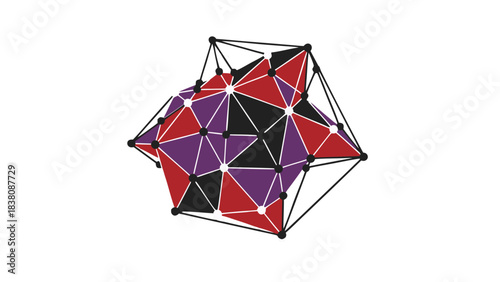 Abstract geometric polyhedron structure with purple red and black triangles connected by white dots and black lines on a black background