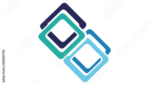 Abstract geometric shapes in shades of blue and teal forming interconnected squares against a solid black background representing digital design and technology concepts