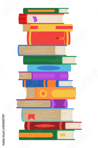 High book stacks or pile. Library textbooks and school literature heaps, dictionaries. Bookstore advertise. Cartoon stacked books angle view with different colorful covers isolated on white