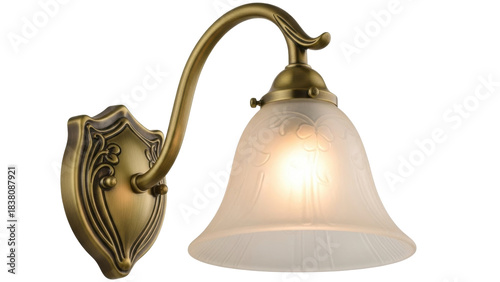 Isolated decorative wall lamp with glass lampshade in brass finish, electrical fixture