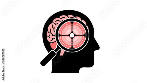Abstract illustration of a pink brain with a magnifying glass analyzing its internal structure on a black background symbolizing neuroscience research and medical examination