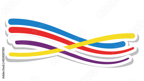 Abstract Intertwined Ribbon Graphic Design in Blue Red Yellow and Purple Colors with White Outline on Black Background