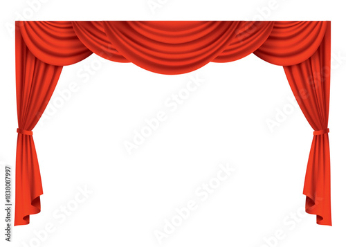 Red curtains realistic. Theater fabric silk decoration for movie cinema or opera hall. Curtains and draperies interior decoration object. Isolated on transparent for theater stage