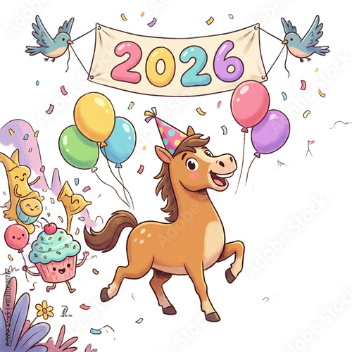 Happy New Year 2026 horse celebration.