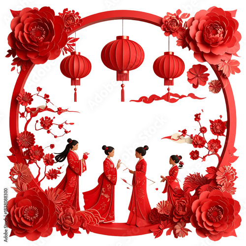 Chinese women traditional dress red lanterns flowers.