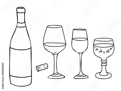 Wine Set. White, red and roman wine glasses and bottle with cork. Hand drawn Vector illustration, line art in Doodle style. For Bar menu, logo, cards and posters.