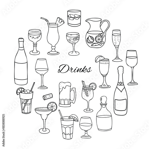 Alcoholic Drink set. Cocktails, wine, whiskey, cognac, champagne. Hand drawn Vector illustration in Doodle style. For restaurant menus, cards and graphic design projects.