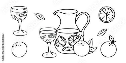 Sangria Set. Cocktail Glass and Jug or Pitcher with Orange and Apple fruits. Summer refreshment beverage. Hand drawn vector illustration of Spanish drink in Doodle style isolated on a background. For