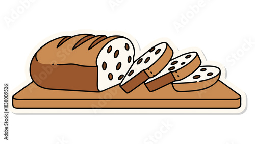 Artistic Illustration of Sliced Raisin Bread on a Wooden Cutting Board Against a Transparent Background Perfect for Food Content and Bakery Promotion