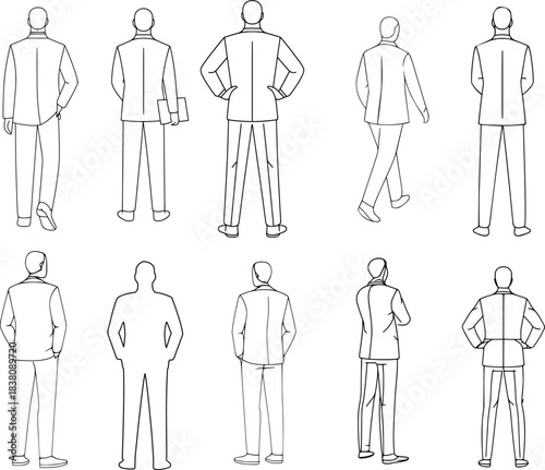 Business Executive Back View Stroke Illustration Set. Containing Standing, Walking, and Hands-on-Hip Male Silhouettes. Editable Outline CAD Line Style.
