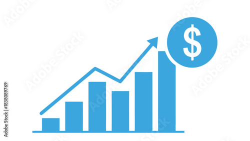 Blue Bar Graph with Upward Arrow and Dollar Sign Icon on Black Background Illustrating Financial Growth and Profitability