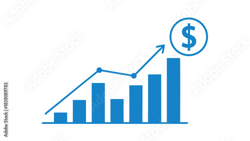 Blue Bar Graph with Upward Trend Line and Dollar Sign Symbol on Black Background Illustrating Financial Growth and Profitability
