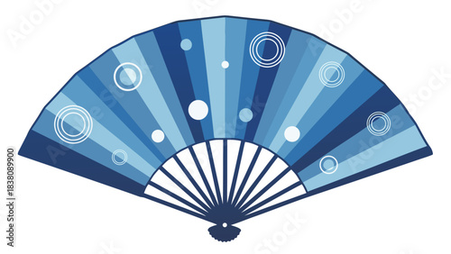 Acoustic blue fan with white circular patterns and dots against a black background a decorative object for cooling on a hot day