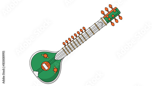 Acoustic Stringed Instrument With Green Body Orange Tuning Pegs And White Neck Against A Black Background