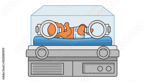 An Illustration Of A Newborn Baby Lying In An Incubator With Transparent Lid And Medical Equipment Showing A Neonate Under Medical Care Receiving Life Support In A Hospital Setting