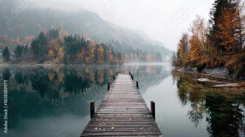 Autumn scene with a wooden pier extending into a tranquil lake surrounded by colorful foliage