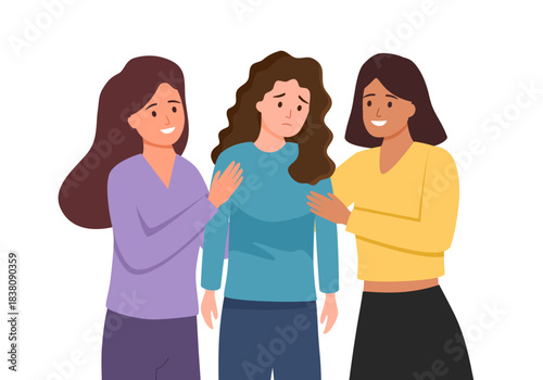 Young women comforting her sad best friend. Sympathy. Help and support concept.