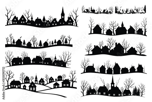Black silhouette village scenes with bare trees and houses
