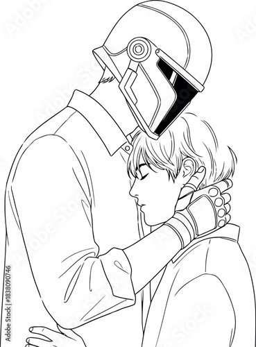 Tender embrace between two figures one wearing a helmet