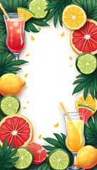 Tropical fruit border frames refreshing summer drinks. Citrus slices, leaves, and colorful cocktails create a vibrant party invitation or menu design.