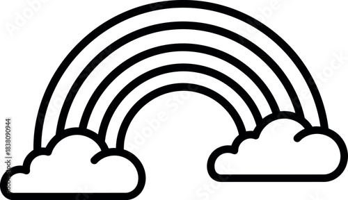 Simple outline rainbow arcing over fluffy clouds illustration