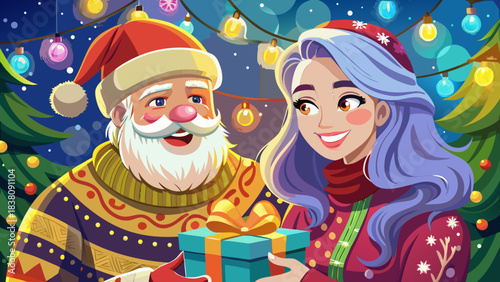 Very beautiful close-up portrait of a smiling woman in a colorful winter sweater as Santa Claus stands beside her, gently handing her a wrapped Christmas gift under soft festive lights.
