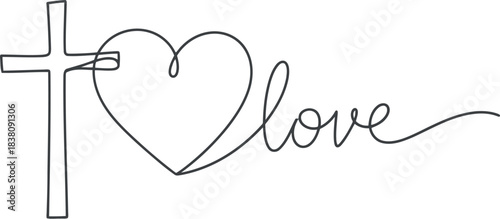 Christian cross and heart symbolize divine love in continuous line art