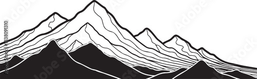Stylized black and white drawing of a mountain range
