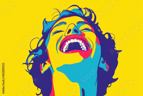 Person laughing at viral trend or meme in colorful design with bright yellow background