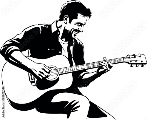 Man joyfully plays acoustic guitar in a black and white illustration