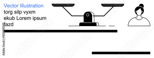 Legal rights, balance, equality, decision-making, fairness, arbitration. Black and white scales alongside a human figure. Legal rights and balance in a minimalist style