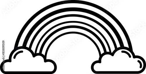 Simple black and white rainbow arch over clouds outline