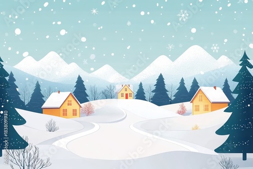 Snow covers ground and rooftops of homes in a winter scene