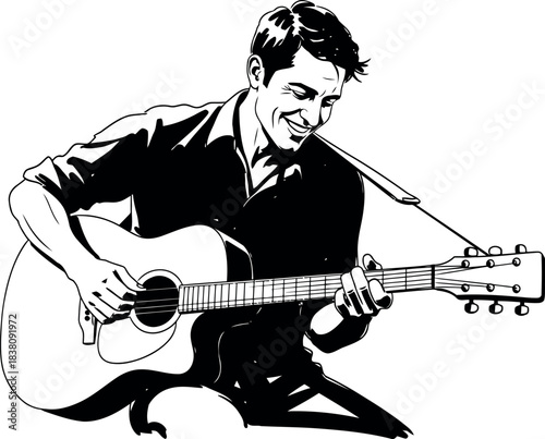 Man joyfully plays acoustic guitar in a stylish black and white illustration