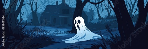 Character illustration of a ghost in a dark forest during night with minimal design elements