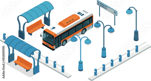 isometric bus station, public transport scene, city bus stop, urban transportation illustration, bus shelter design, modern transit infrastructure