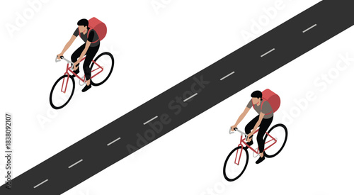 Isometric cyclists on road, bike rider illustration, delivery cyclist graphic, cycling activity concept, modern flat isometric design